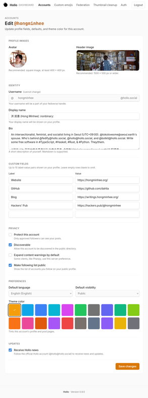 The “Edit @hongminhee” admin page showing the new Hollo design: profile image upload areas for avatar and header, identity fields for display name and bio, custom fields table with label-value pairs, privacy checkboxes, a 20-swatch theme color picker with orange selected, and a “Save changes” button